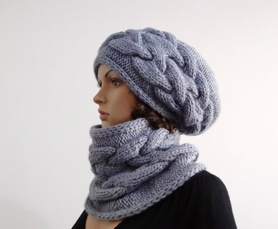 Slouchy Beanie Cabled Cowl Hat Grey Scarf Chunky Oversized Etsy