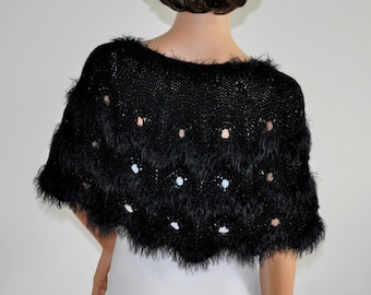 Black Cape faux fur Clothes for party Capelet Bridal wrap Wrap cover up womens knitted clothing Women Poncho