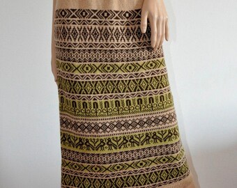 Knit wool Skirt jacquard Biege light brown Handmade hand knitted Ready to Ship Folk Clothing Fair Isle
