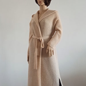 Cardigan with hood Warm beige jacket Knitting coat with long sleeves Transitional clothing Long sweater with belt