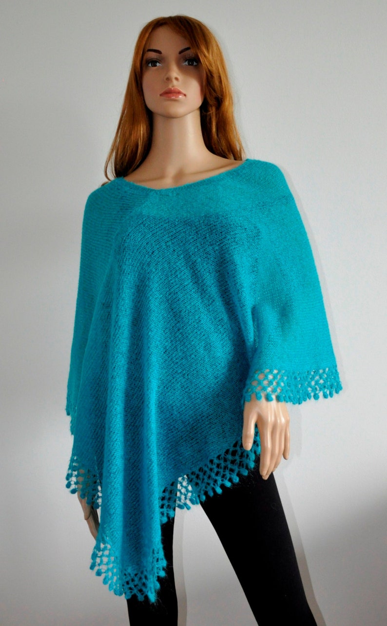 Handmade Women Poncho turquoise poncho Mohair yarn Poncho sweater Ready to Ship Hand knitted poncho Knit poncho Knitted jumper