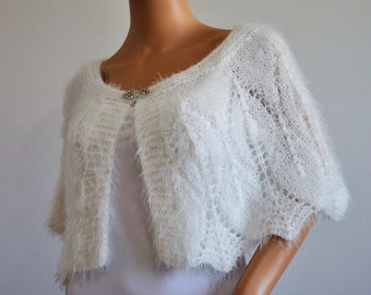 Bridal wrap brooch Wedding Cover up White Cape Wrap capelet  faux fur cover up womens knitted clothing capelet 100% hand made Women Poncho