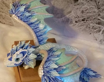 Polymer Clay Dragon, Ice Dragon, Snow Fantasy Dragon, White Dragon, Magic Figure, Dragon Sculpture