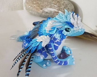 Polymer Clay Dragon, Snow Dragon, Blue Dragon Hatchling, Magice Skulpture, Stone Guardian,