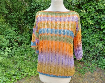 Strickshirt, Sweater, Strickpulli, bunt, Lochmuster Gr. 36-40, orange, grün, ocker, blau, violett