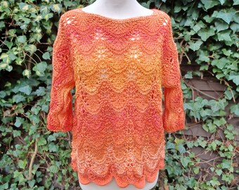 Knitted shirt, shirt, hole pattern, orange, yellow, red, chunky knit, merino, size. 38/40