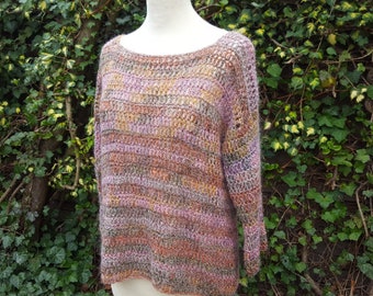 Crochet sweater, shirt, crocheted, rosé, beige, green, colorful, size. 36/38