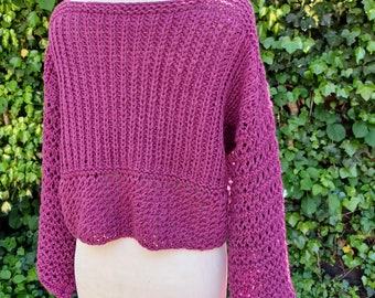 Short sweater, chunky knit, sweater, knitted sweater, fuchsia, openwork pattern, size. 38-42