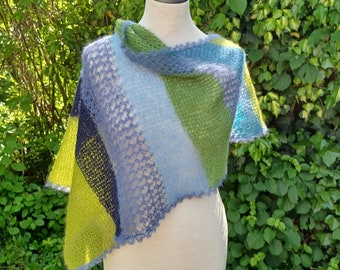 Kidmohair silk triangular scarf, stripes, green, light blue, dark blue