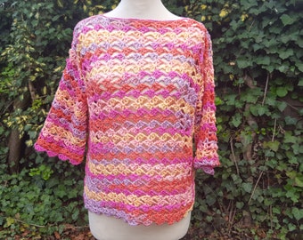 Häkelshirt, Sommershirt, Tunika, Hippie, Boho, Shirt, Crochet, orange, pink, gelb, Gr. 36/38