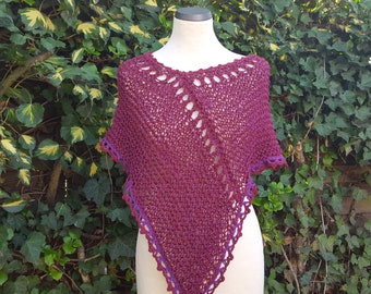 Poncho, throw, cover up, short poncho, chunky knit, wine red-fuchsia, one size