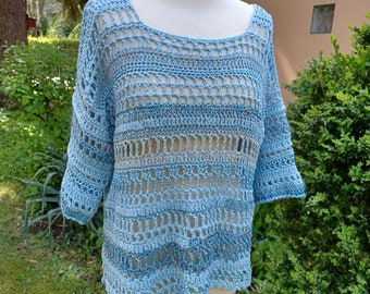 Häkelshirt, Shirt, hellblau, Sommer-Pulli, Materialmix, Gr. 40