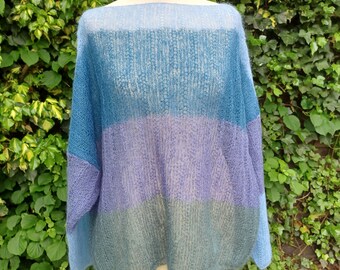 Oversize-Mohair-Pullover, Sweater, Strickpulli, Streifen, blau, grün, petrol, hellblau, Einheitsgröße L-XL Gr. 38-44