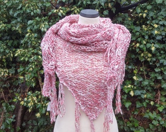 Triangular scarf, fringed scarf, hand knit, wrap, old pink, natural, melange