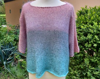 Knitted shirt, summer sweater, knitted sweater, cotton-kid mohair-silk, pink, blue, turquoise, one size, fits size 38-42