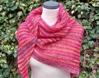 Triangle scarf "Reversible", triangle scarf, wrap, stripes, transparent, knitted, red, colorful