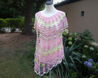 Fan shirt, crochet shirt, shirt, beach dress, pink-green-yellow size 36-40