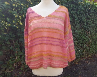 Transparent-Pullover, Sweater, Strickpulli, Streifen, Material-Mix, flamingo rosa, pink, orange, Gr. L/XL