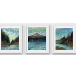 Set of 3 Forest Rain Paintings, limited edition giclee prints, Cascades, Mt Hood, Pacific Northwest