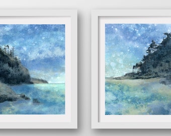 Set of 2 Coastal Rain Paintings, limited edition giclee prints, Oregon Coast Art, PNW
