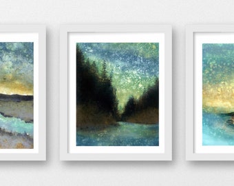 Set of 3 Oregon Art Rain Paintings, limited edition giclee prints, the coast, the forest, the valley, the Pacific Northwest