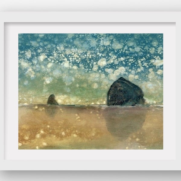 SUN SHOWER STROLL, Rain Painting, limited edition giclee print, Haystack Rock, Cannon Beach, Oregon Coast, coastal art