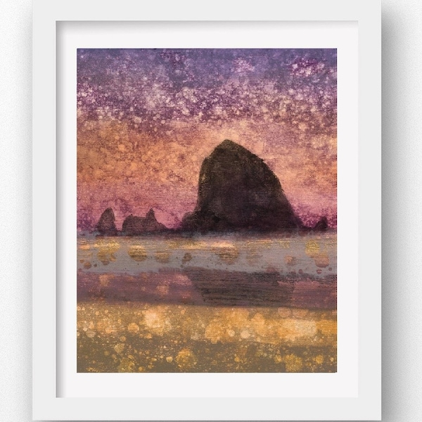 SUNSET HAYSTACK II Rain Painting, limited edition giclee print, Haystack Rock, Cannon Beach, Oregon Coast Art