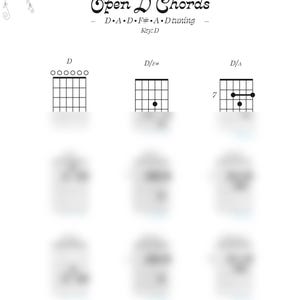 Könnte beinhalten: Eine weiße Seite mit dem Titel "Open D Chords" in einer dekorativen Schriftart. Die Seite zeigt Gitarrenakkorddiagramme für D, D/F# und D/A sowie Informationen zur Stimmung und zum Schlüssel. Die Seite ist mit 1 nummeriert.