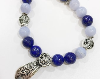 High quality deep blue Lapis Lazuli with blue lace agate necklace with a Ru Yi  silver scepter - &quot;As u Wish &quot; symbol of power & good fortune