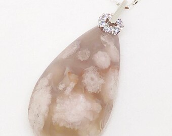 Sakura Cherry Blossom Agate High Translucency Tear Drop Necklace w Sterling Silver chain and white gold coated bail. Unique blossoms artwork