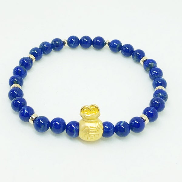 Lapis Lazuli Crystal beads with 999 pure gold money pouch overflowing w coins and Happiness Word carving.  Perfect Pyshic Guardian for Bliss