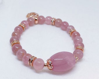Madagascar natural Pink Rose Quartz barrel centrepiece with 8mm round beads, rose charm n rose gold spacers