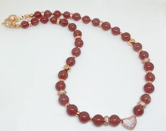 Natural Strawberry Quartz with Rose Gold filled hardware necklace w Heart Charm centrepiece - greatly Energizing and Motivational
