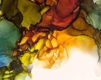 May include: Abstract art painting with swirling colors of teal, green, yellow, orange, brown, and red. The colors blend together in a fluid and organic way, creating a sense of movement and energy.