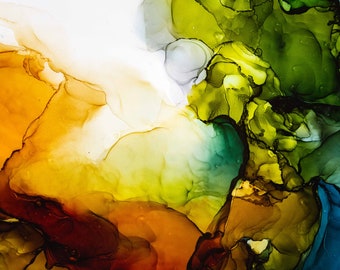 May include: Abstract painting with swirling colors of green, blue, yellow, orange, and brown. The colors blend together to create a unique and artistic design.