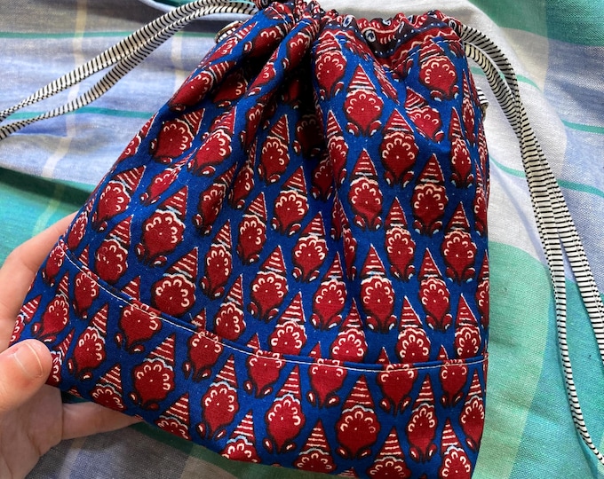 Small Bucket Bag Purse, Blue & Red Batik (Striped Drawstring)
