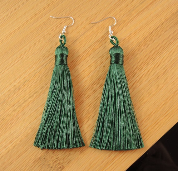 Dark Green, Tassel Silk Polyester Fringe, Dangle Drop, Fashion Earrings, Silver Plated Hypo-Allergenic Hooks