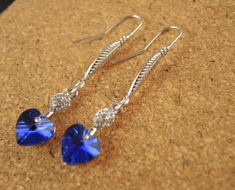 Dark Blue Glass Heart Pair of Dangle Drop Statement Earrings with Platinum Plated Loop Leaf Hooks #830