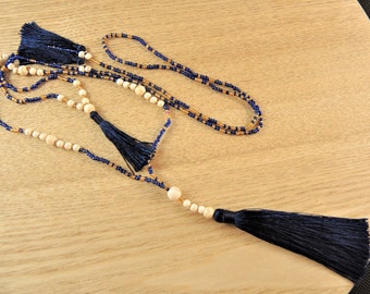 Beaded Long Bohemian Navy Blue Tassel Necklace with White Howlite Gemstone Beads # B91