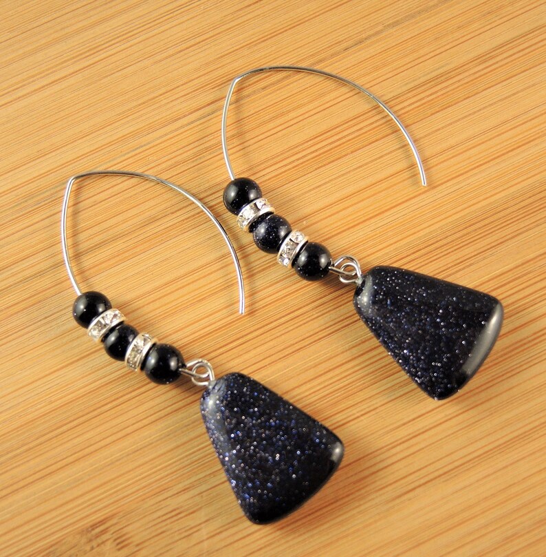 Blue Goldstone Trapezoid Gemstone Statement Pair of Dangle Fashion Beaded Earrings with Stainless Steel Oval Hooks # 403