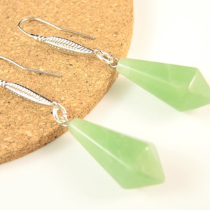 Green Aventurine, Gemstone, Pendulum, Boho Earrings, Dangle Drop Earrings, Platinum Plated, Loop Leaf Hooks, # 449