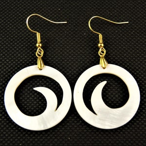 Natural, Carved Round, Shell, Bohemian, Dangle Drop, Fashion Earrings, Golden Colour Hooks # 523