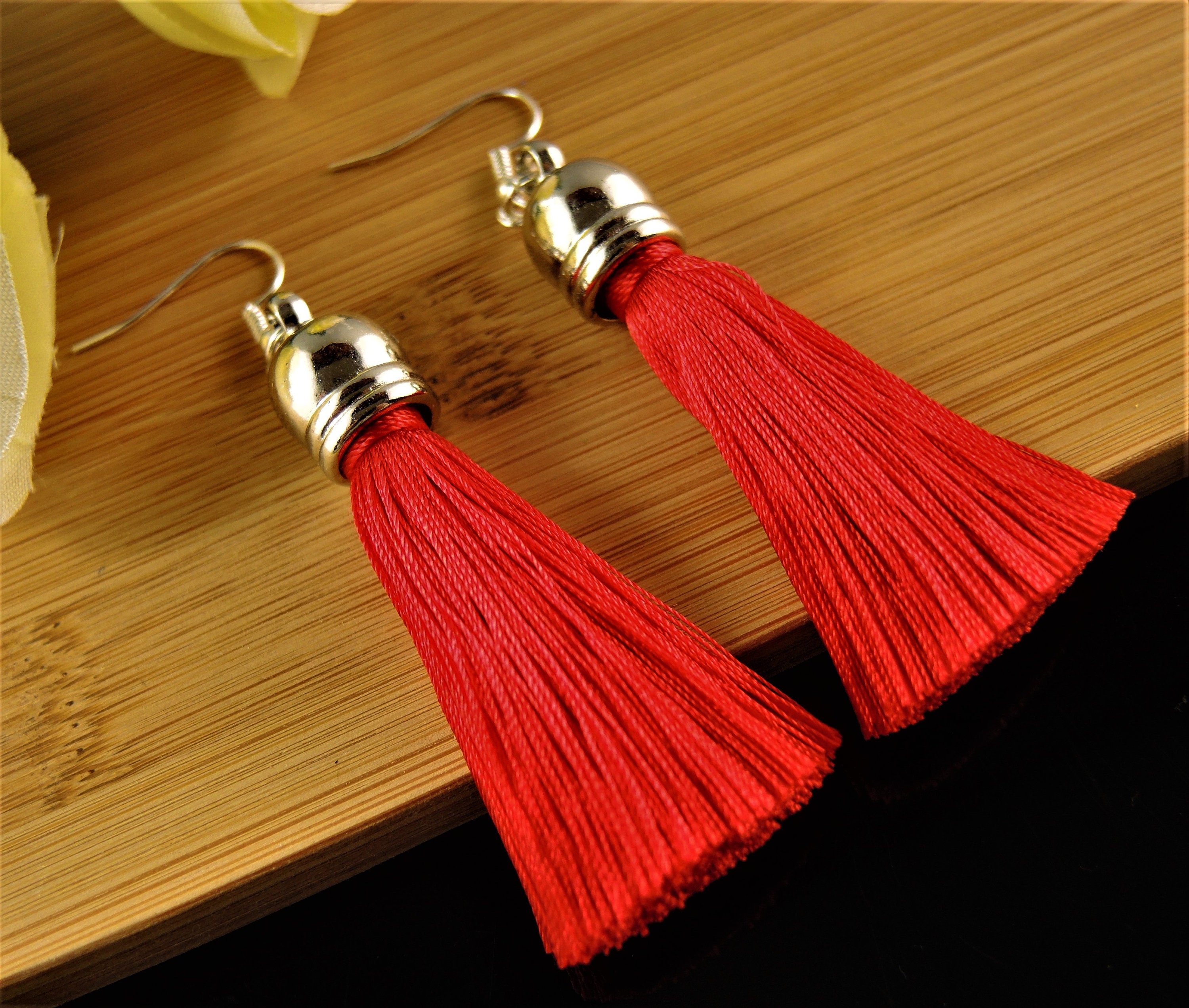 Dark Green Silk Fringe Tassel Bohemian Dangle Drop Statement Fashion Earrings #963
