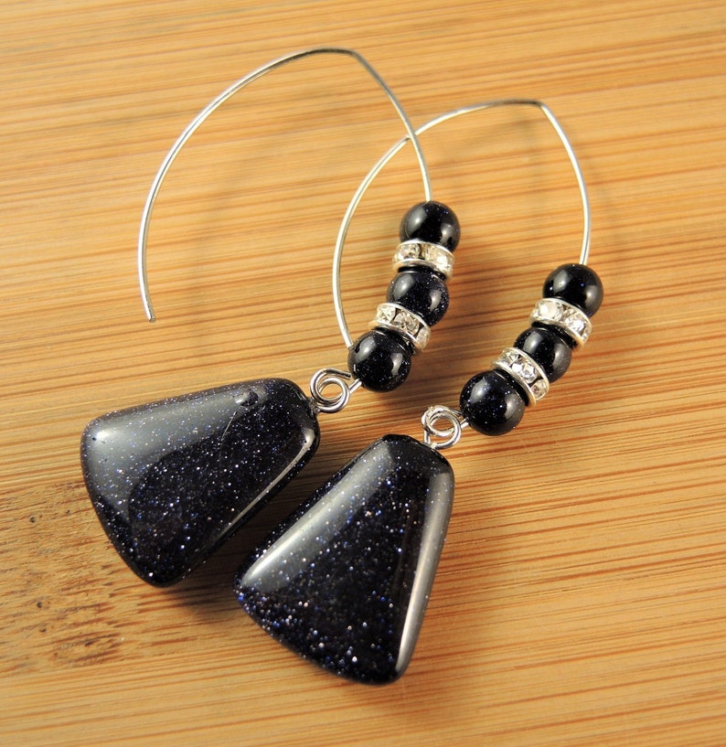 Blue Goldstone Trapezoid Gemstone Statement Pair of Dangle Fashion Beaded Earrings with Stainless Steel Oval Hooks # 403