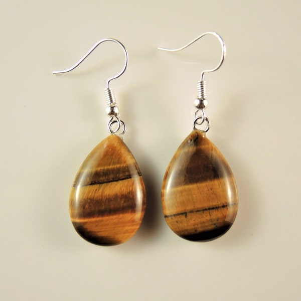 Tigers Eye Gemstone Tear Drop Bohemian Pair of Dangle Fashion Earrings with Silver Plated Hooks # 599