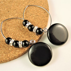 Black Agate, Round, Gemstone, Statement, Dangle Drop, Fashion, Beaded Earrings, Stainless Steel, Oval Hooks
