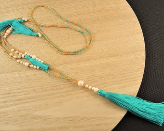 Beaded, Long, Bohemian, Green Tassel, Necklace, White Howlite, Gemstone Beads # B76