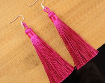 Dark Pink Silk Tassel Earrings: Bohemian Dangle Earrings