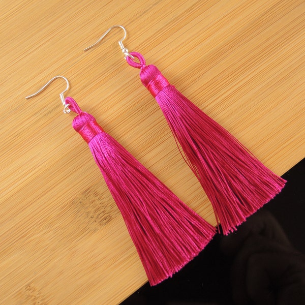 Dark Pink Tassel Silk Polyester Fringe Bohemian Statement Dangle Fashion Earrings with Silver Hypo-Allergenic Hooks # B61