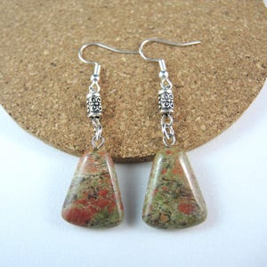 Unakite Gemstone Dangle Earrings: Antique Silver Beads, Bohemian Style